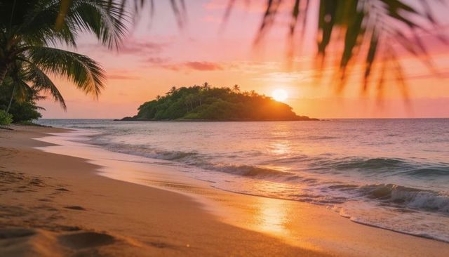 Sunset framing tropical islet with palm fronds and footprints on golden sandy beach at dusk