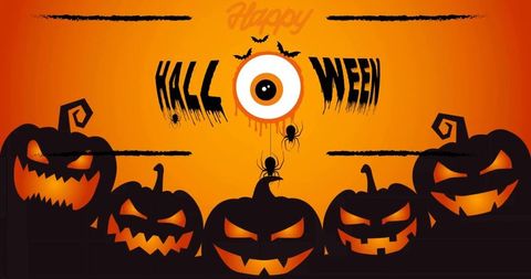 Grinning jack-o-lantern row glowing across foreground with dripping cyclops eye and spiders