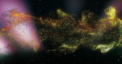 Golden particle ribbon flowing across starfield with glowing orange clusters and pink haze