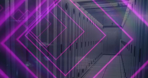 Abstract Data Center with Neon Geometric Overlays