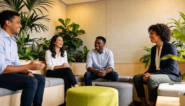 Casual team meeting in modern plant-filled office lounge with green ottoman