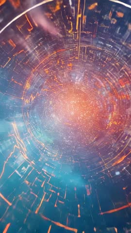 Vertical Neon Vortex Featuring Spiraling Glowing Core, Cybernetic Circuitry Rings, Teal Mist