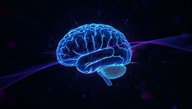 Neon blue brain hologram with sci-fi light trails effect