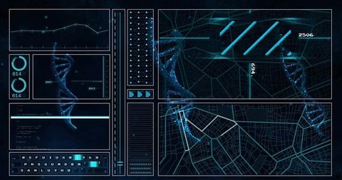 Futuristic HUD dashboard syncing DNA helix with urban map data visualization interface