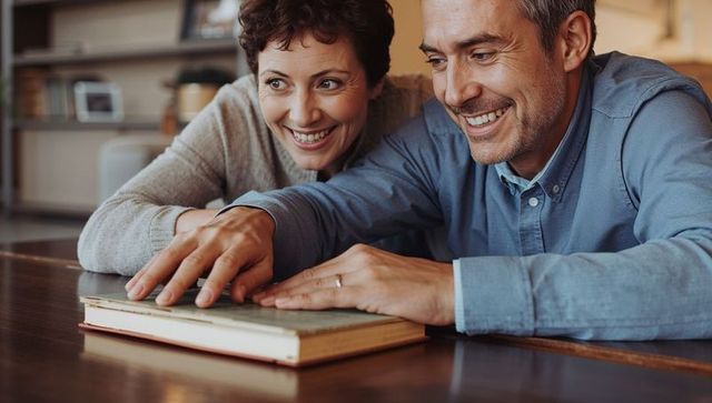 Smiling middle-aged couple reading old hardback book together at cozy home table showing wedding ban