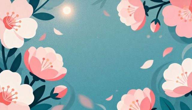 Pastel pink cherry blossom frame on teal background with central negative space