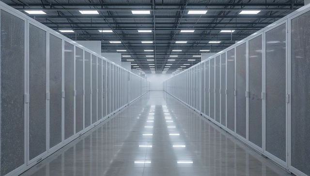 Leading central aisle drawing eye toward distant vanishing point in modern data center