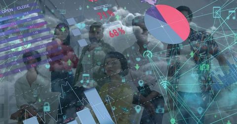 Modern business team analyzing data with futuristic interface