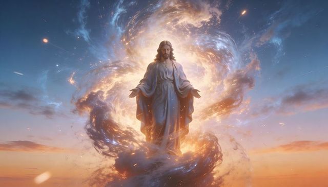 Divine figure radiating golden light within swirling celestial vortex over sunset sky