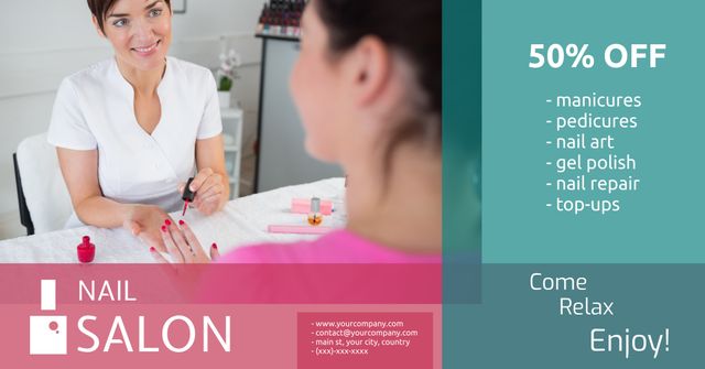 The image showcases a serene scene at a nail salon, with a professional beautician giving a relaxing manicure. Perfect for promoting spa services, beauty treatments, or nail salon offers. This visual can effectively highlight discount campaigns, pampering experiences, and nail care services in advertising materials.