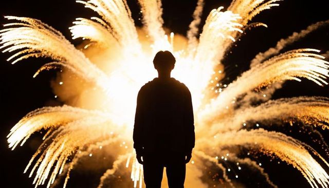 Silhouette watching golden firework explosion at night showing backlit sparks and smoke