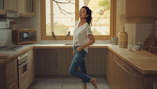 Sunlit rustic kitchen woman standing barefoot closing eyes enjoying peaceful morning moment