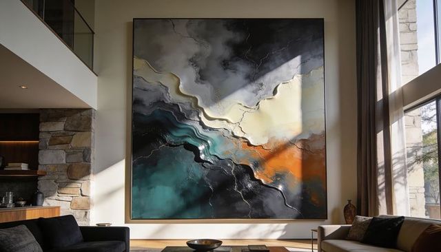 Monumental abstract canvas merging teal, black and rust with gold veining in living room
