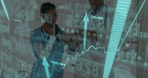 Healthcare Professionals Analyzing Digital Data with Futuristic Charts