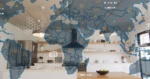 Global Network Overlay on Modern Kitchen Interior