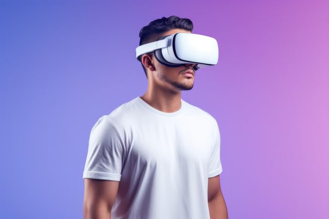 Young man wearing VR headset, experiencing a digital or gaming environment against a purple and blue gradient background. Ideal for technology advertisements, futuristic presentations, VR and gaming promotions, or blogs about innovation in tech.