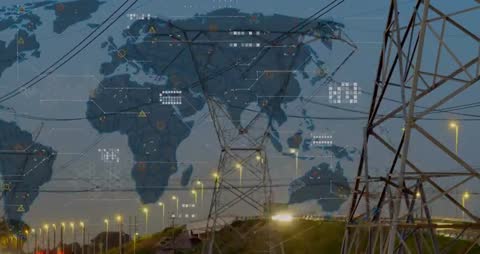 Digital Overlay of Global Data Network Over Power Towers at Dusk