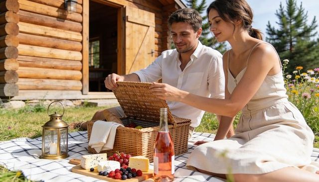 Couple enjoying romantic summer picnic at log cabin with cheese board, rosé, wildflowers