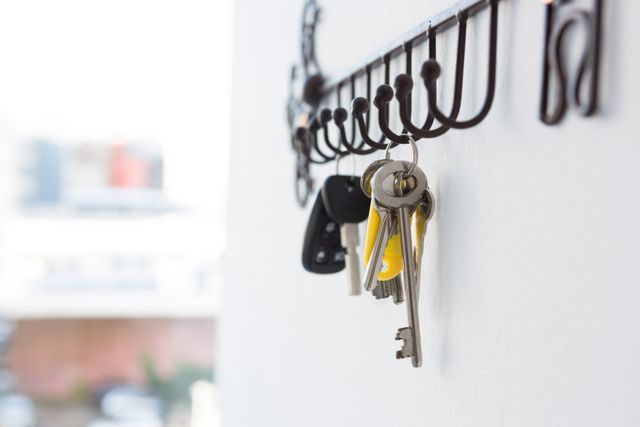 Various keys hanging on a hook against a wall, representing home security and organization. Useful for articles or advertisements related to home safety, key management, or organizational tips.