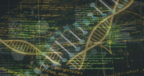3D DNA Helix and Computer Code Overlay in Futuristic Interface