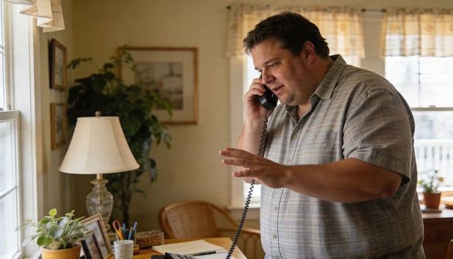 Man talking on corded phone while organizing papers at cozy home office desk
