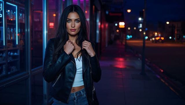 Nighttime urban fashion posing: woman wearing leather jacket and cropped top by neon