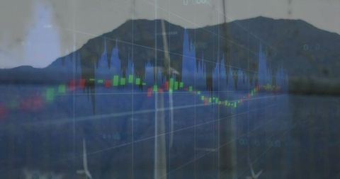 Financial Chart Overlay on Tranquil Lake Landscape
