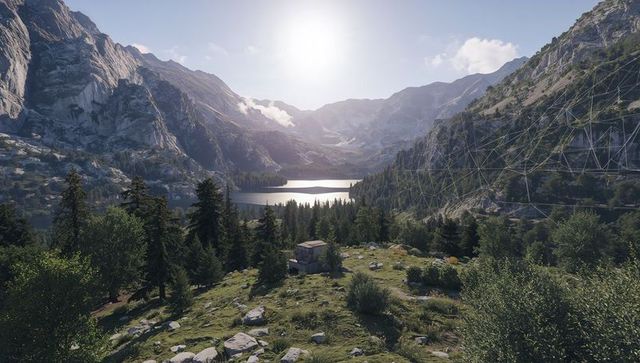 Solitary Stone Cabin Nestling in Alpine Valley with Reflective Lake and Pine Forest