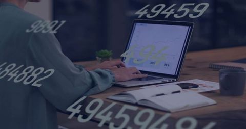 Woman typing on laptop showing analytics dashboard with floating numeric overlay