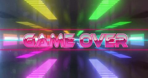 Retro neon game over sign glowing in futuristic tunnel with mirrored floor