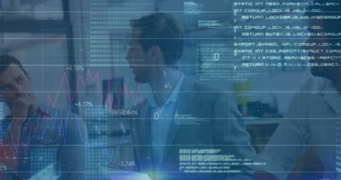 Business Team Analyzing Financial Data and Coding Interface