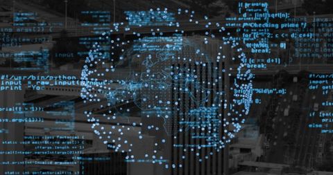 Digital Globe Overlaying Urban Metropolis with Neon Code, Data Nodes and Network Map
