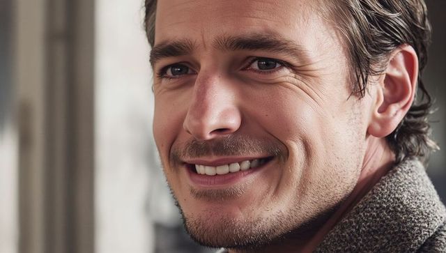 Smiling man turning head showing warm smile with textured gray knit collar