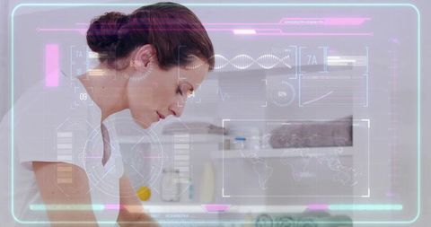 Clinician leaning over lab bench with futuristic hud showing dna helix and medical data graphs