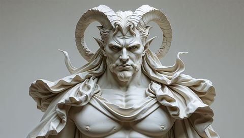 Marble sculpture satan bust of mythical figure with horns