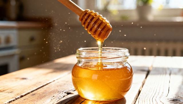 Golden Honey Dripping from Wooden Dipper into Glass Jar on Rustic Sunlit Table