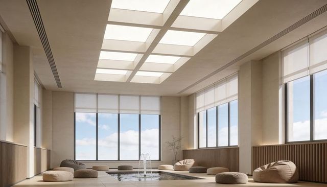 Minimalist indoor spa lounge with skylight, central shallow pool and floor cushions