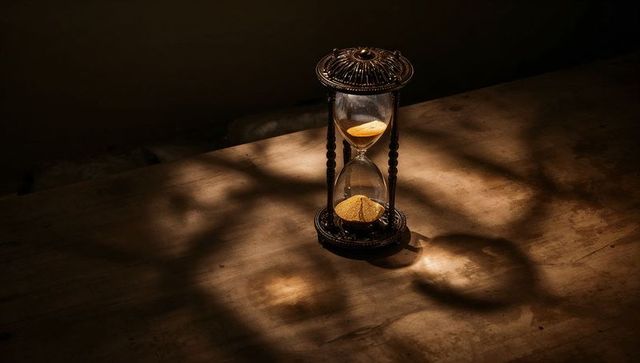 Ornate vintage hourglass with golden sand on wooden table