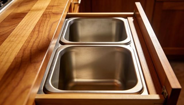 Nesting stainless steel pans in pullout drawer with butcher block countertop