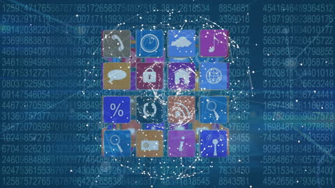 Global Network Illustration with Technology Icons and Digital Data