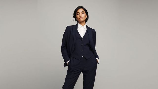 Confident businesswoman wearing navy three-piece suit standing with hands in pockets