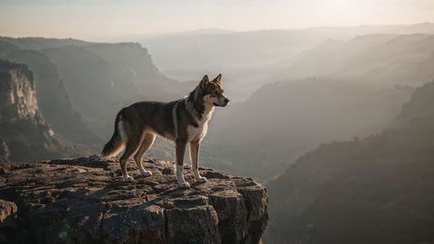 Wolf-like Dog on Scenic Mountain Cliff Amongst Morning Mist