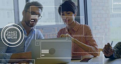 Innovative Teamwork with Digital Interface Overlays in Modern Office