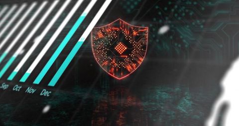 Neon cybersecurity shield with circuit chip and monthly bar chart, futuristic hologram