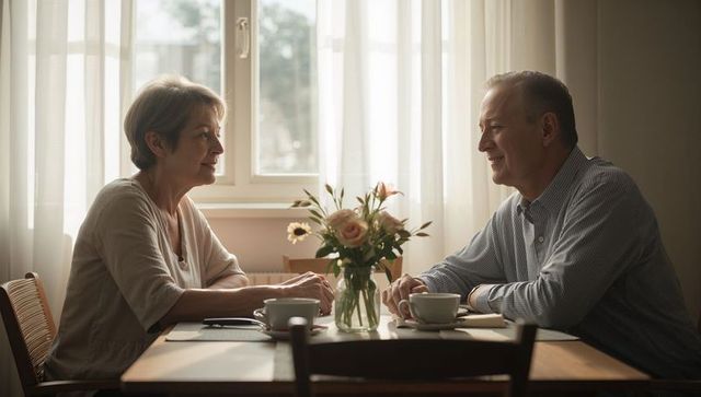Senior couple talking over coffee at home dining table in cozy sunlit kitchen