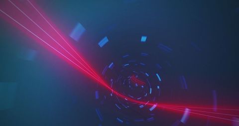 Futuristic neon tunnel with red light streaks on blue background