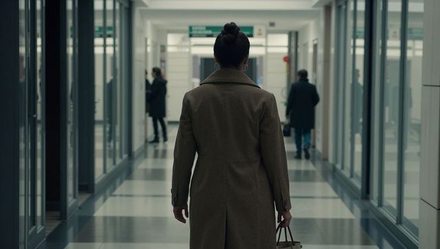 Walking woman wearing brown overcoat down modern glass-lined office corridor