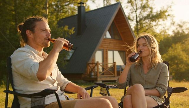 Couple enjoying beers on camp chairs in front of steep-roof cabin during golden hour