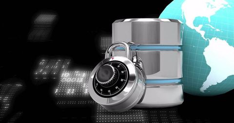 Chrome Combination Lock Securing Metal Database Cylinder with Globe and Binary Grid