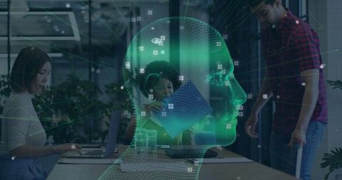 Innovative data visualization in modern office with hologram